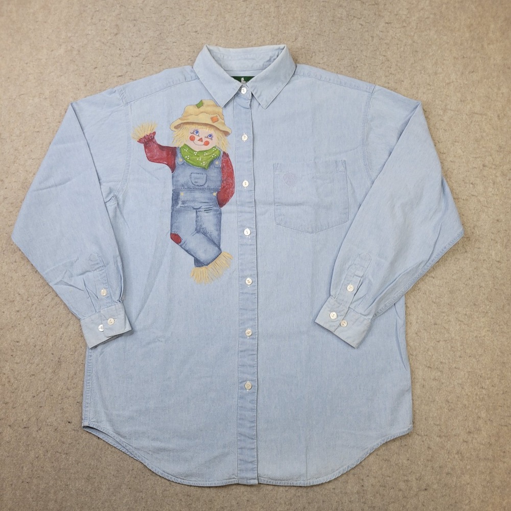 VTG Hunt Club Scarecrow Shirt Womens M Blue Denim‎ Button Up Autumn